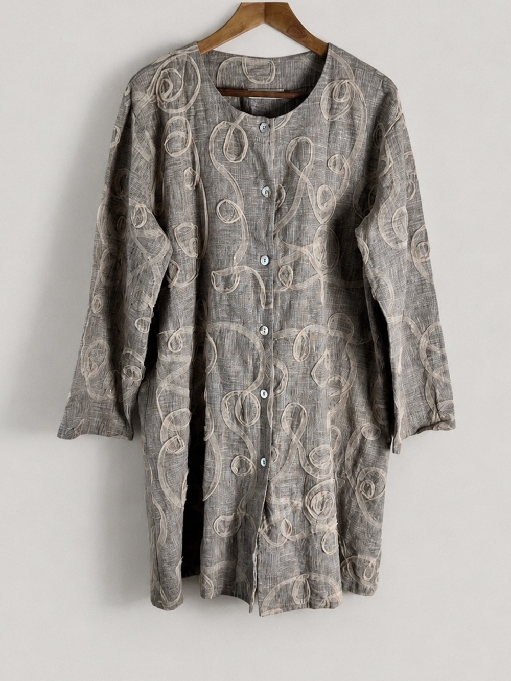 BRYN WALKER Grey Size S Lagenlook Linen Mesh Swirl Design Button Tunic Jacket